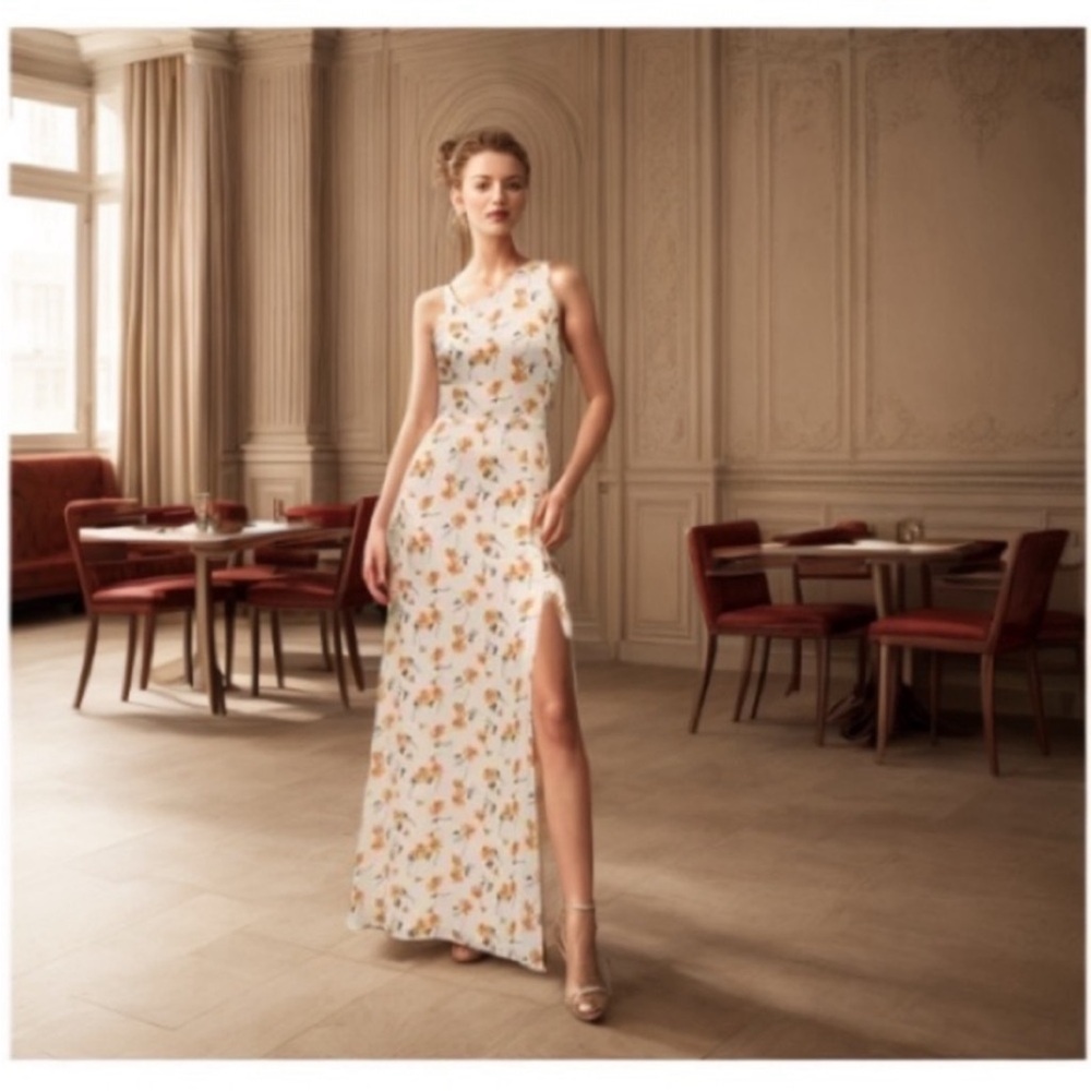 Reformation White Floral Sleeveless Maxi Dress with Side Slit